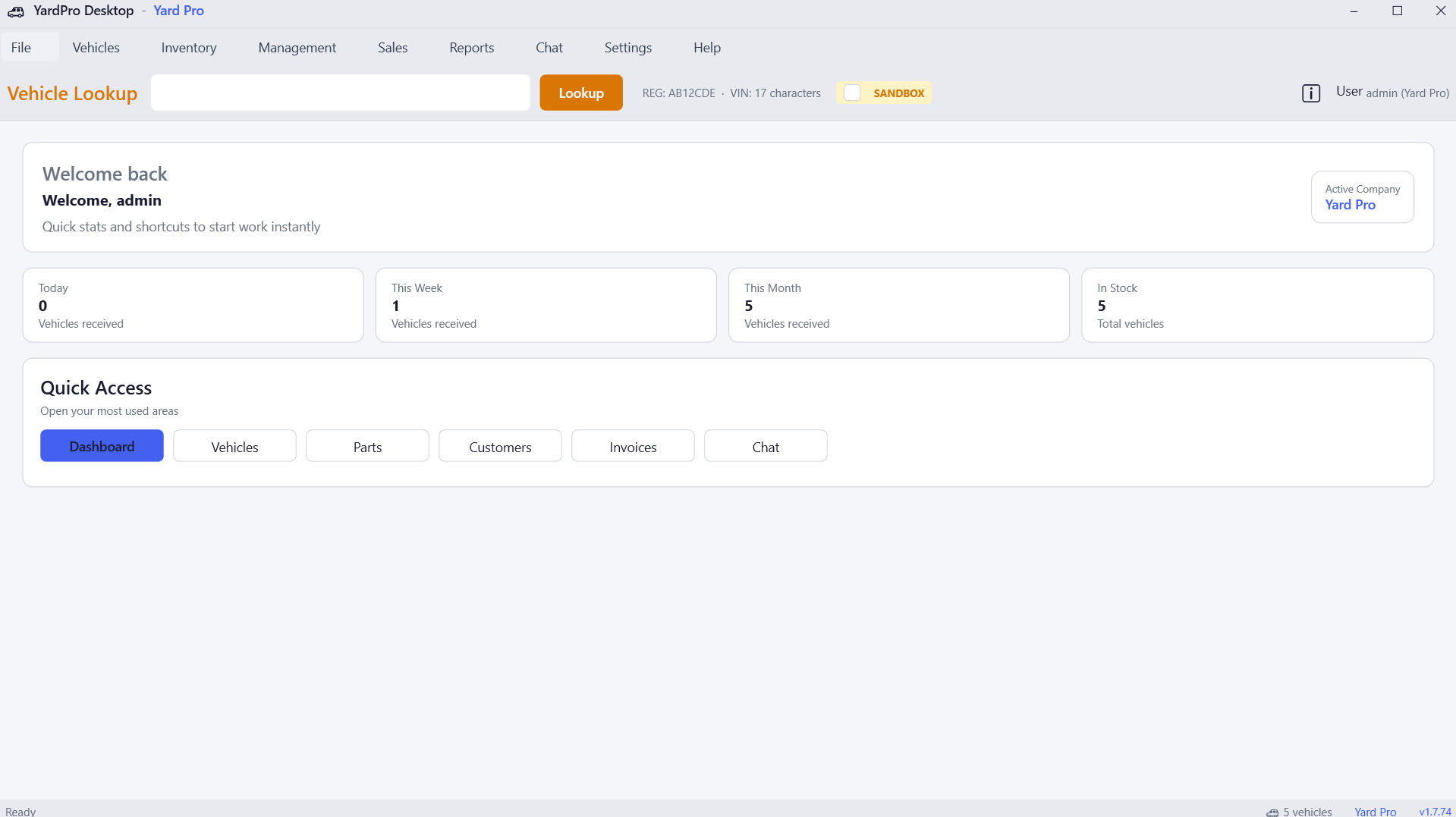 YardPro Dashboard — Welcome screen with vehicle stats and quick access buttons