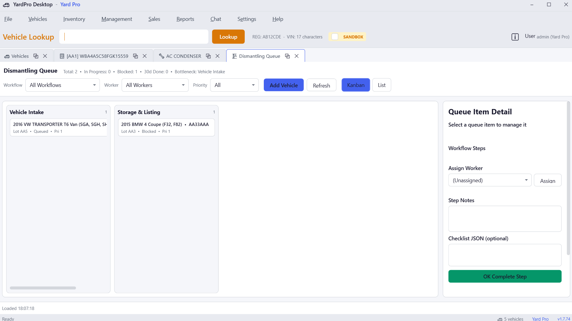 YardPro Dismantling Queue — Kanban workflow board