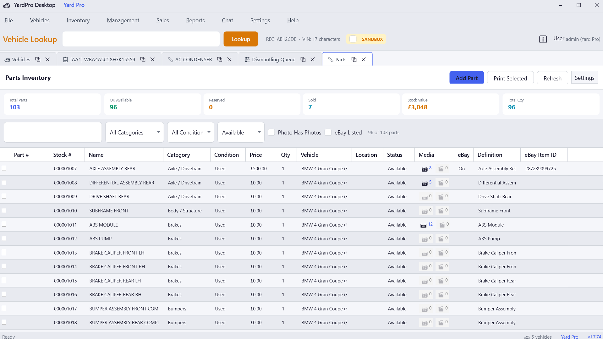 YardPro Parts Inventory — Advanced filtering, eBay status, media counts, stock values