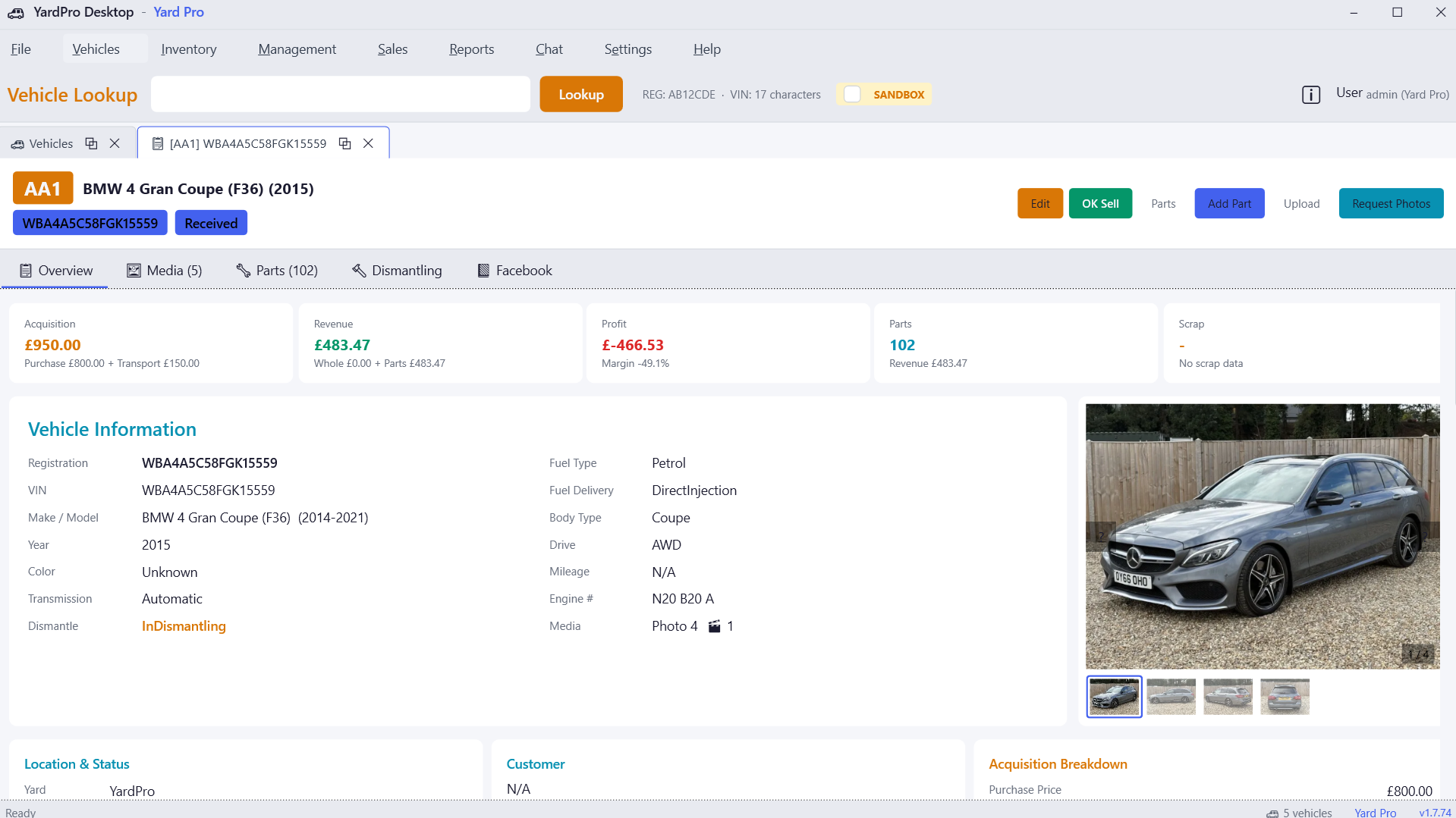 YardPro Desktop — Vehicle detail view with acquisition costs, revenue tracking, VIN specs, and photos