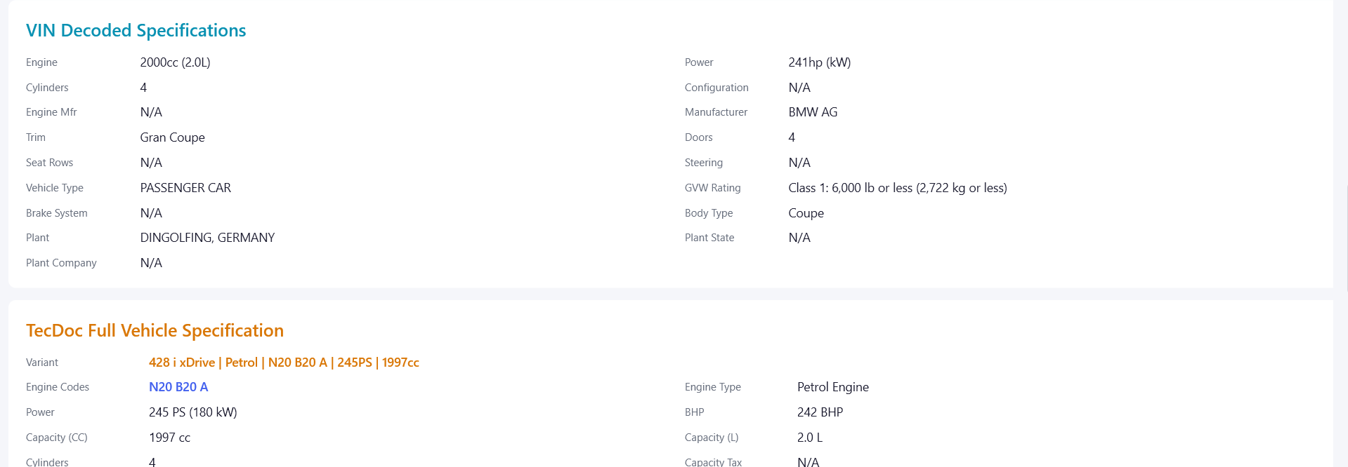 YardPro Vehicle Specs — VIN decode and TecDoc specification data