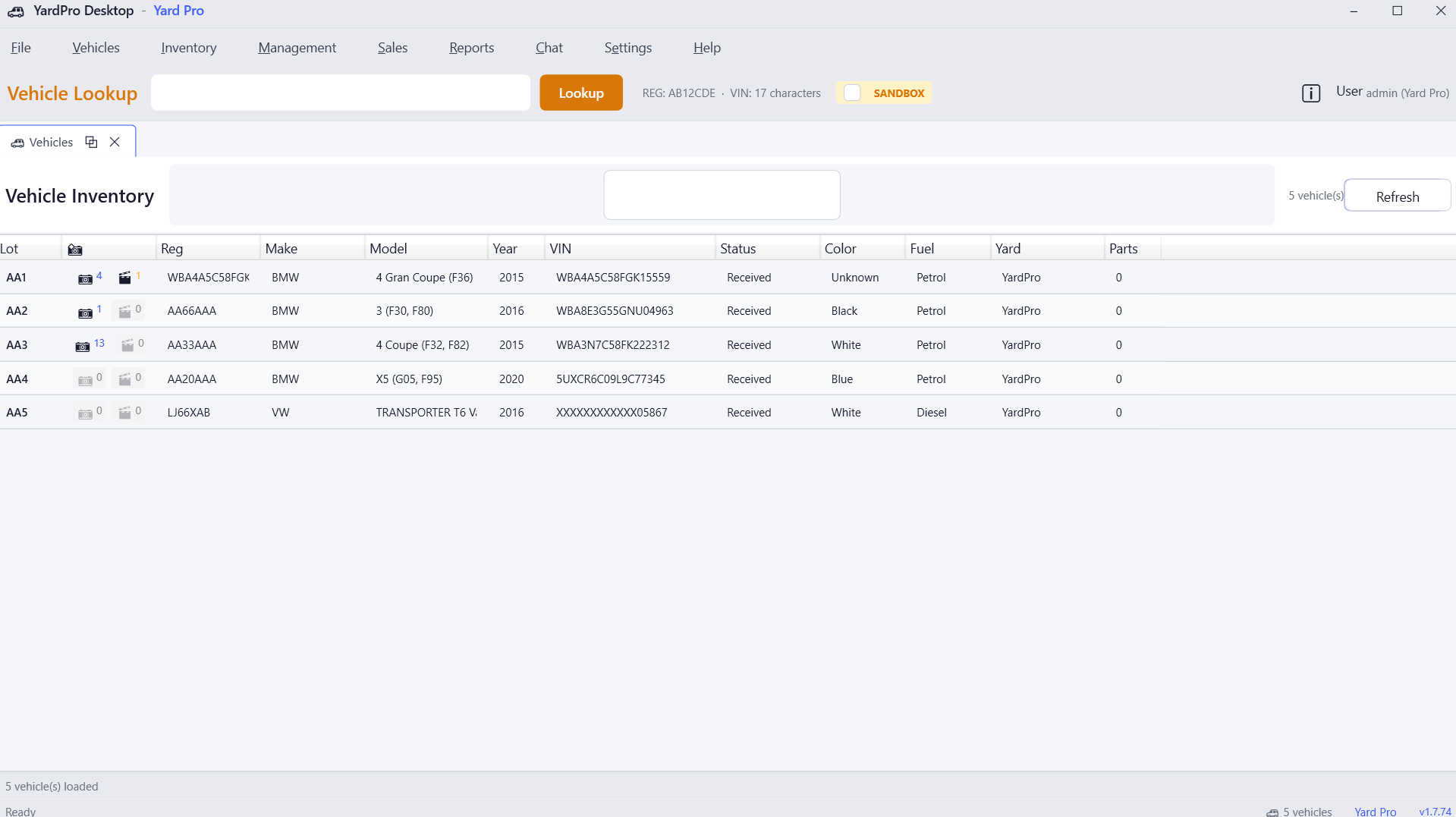 YardPro Vehicle Inventory — Grid with lot numbers, registration, make, model, VIN, status